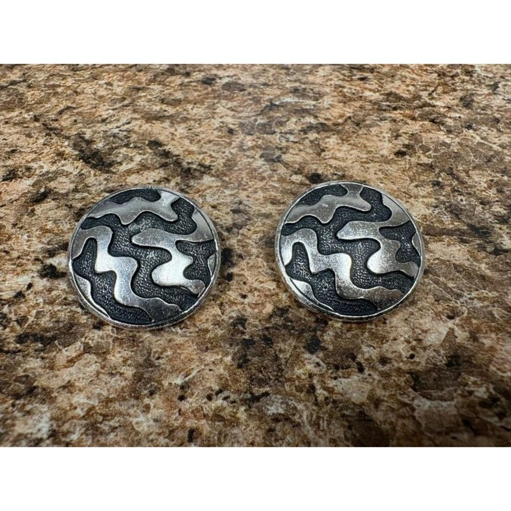 Vintage Silver Tone Black Abstract Clip On Earrings Round Modernist Statement